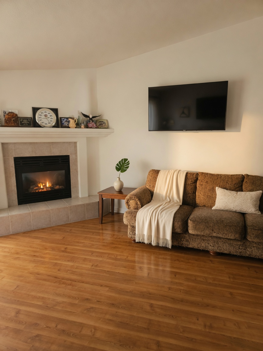 Living room with fireplace, sofa, and hardwood floors