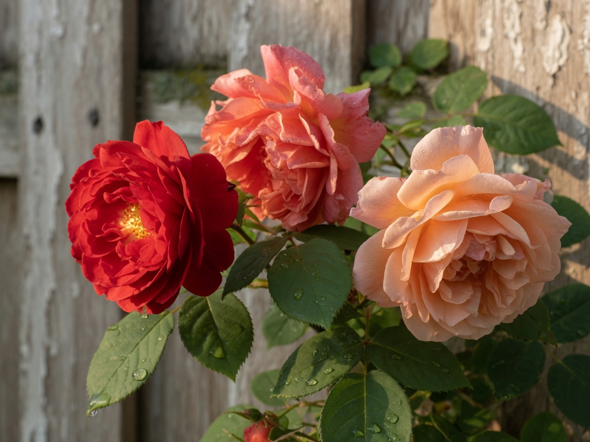 Close-up of red, coral, and apricot garden roses
