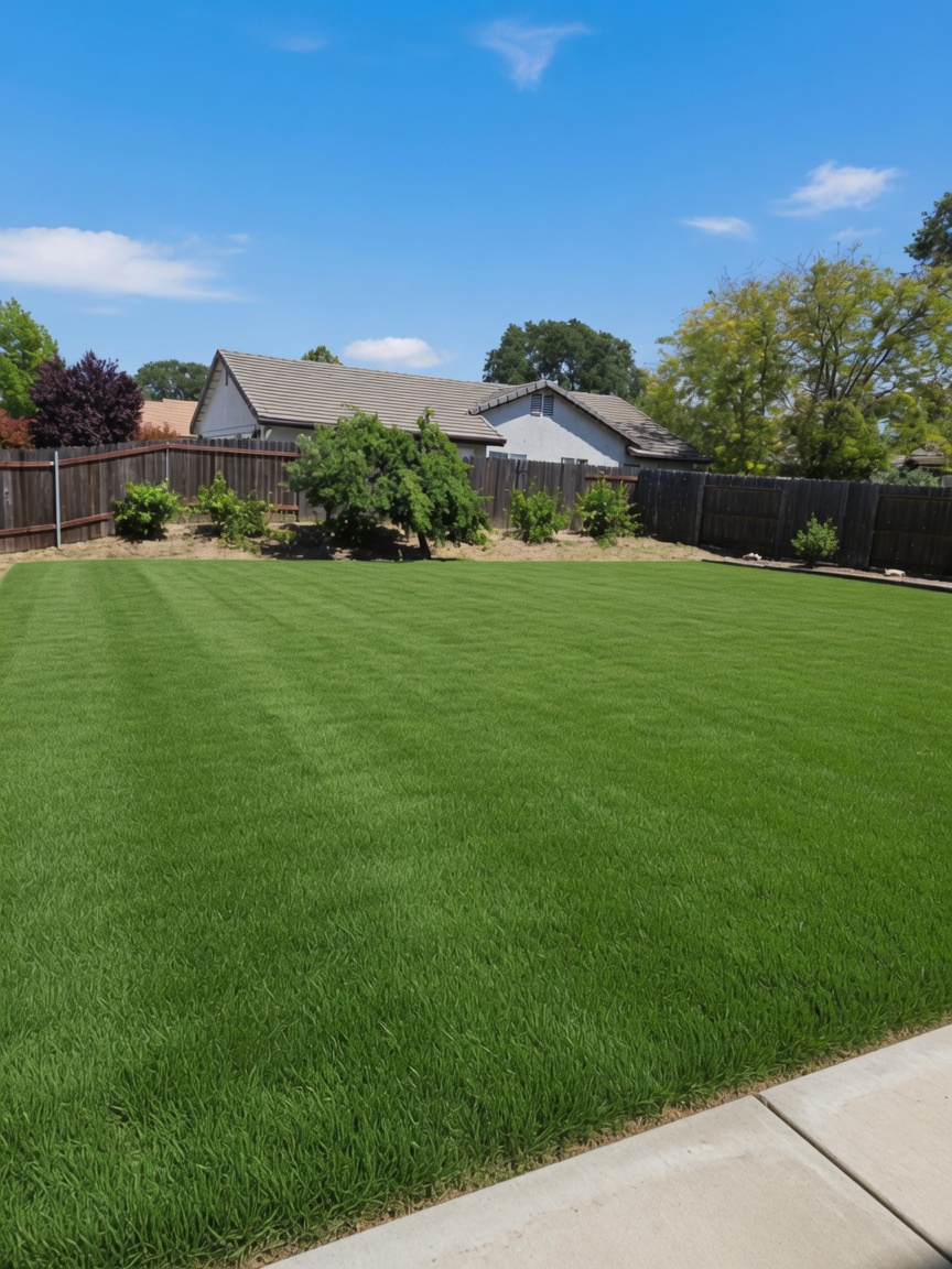 Backyard lawn and patio under a blue Paso Robles sky